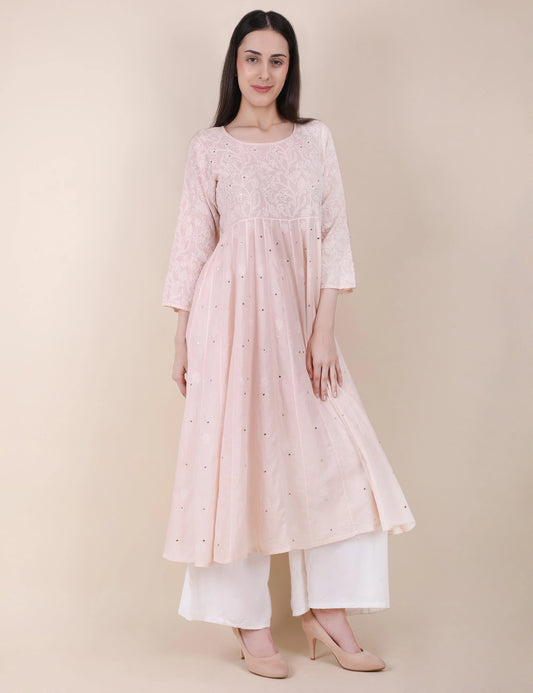 Shwet Women Powder Pink Hand Embroidered Chikankari  Kali kurti