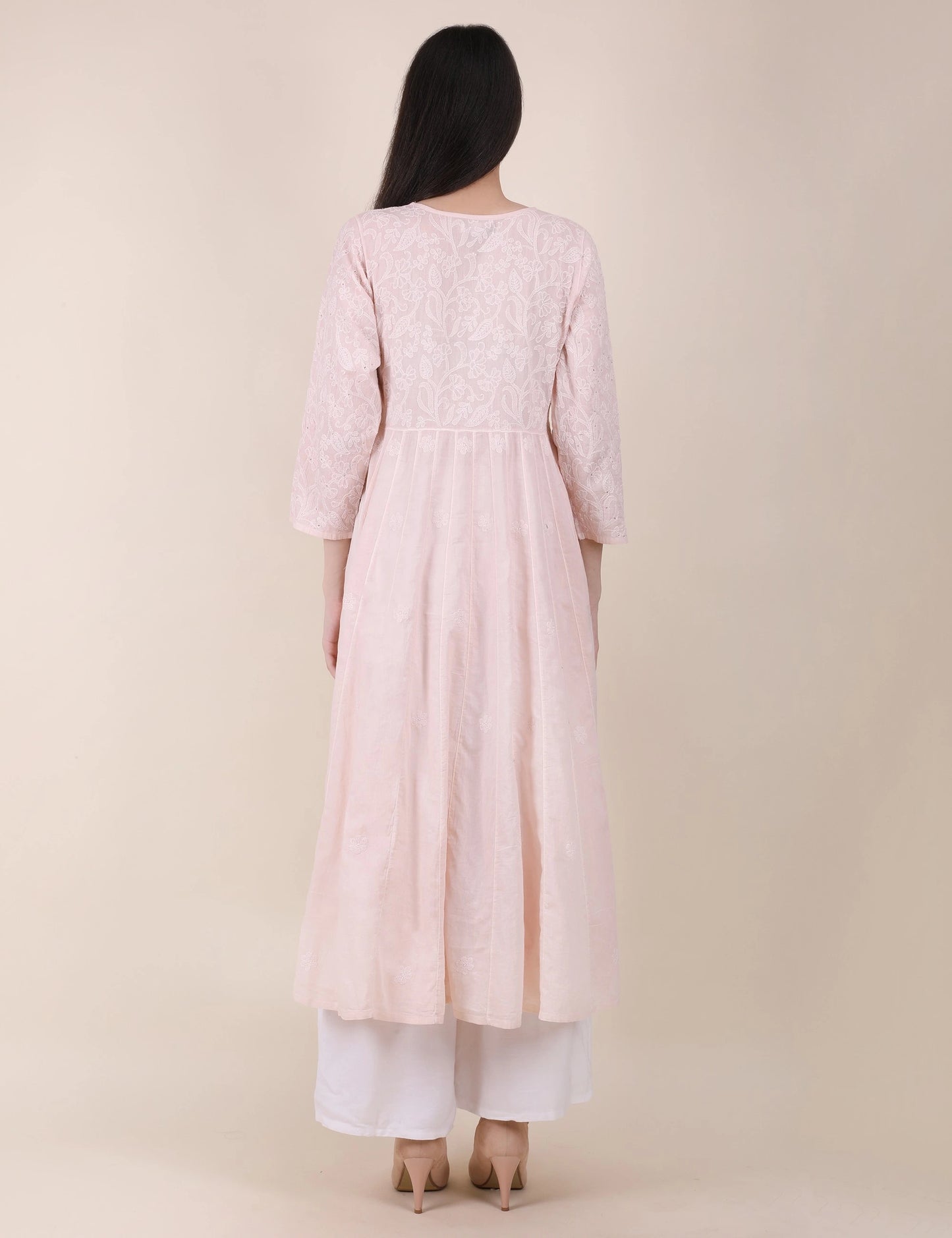 Shwet Women Powder Pink Hand Embroidered Chikankari  Kali kurti