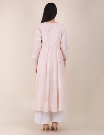Shwet Women Powder Pink Hand Embroidered Chikankari  Kali kurti