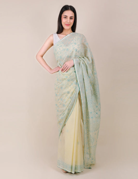 Shwet Yellow Women Hand Embroidered Chikankari Saree