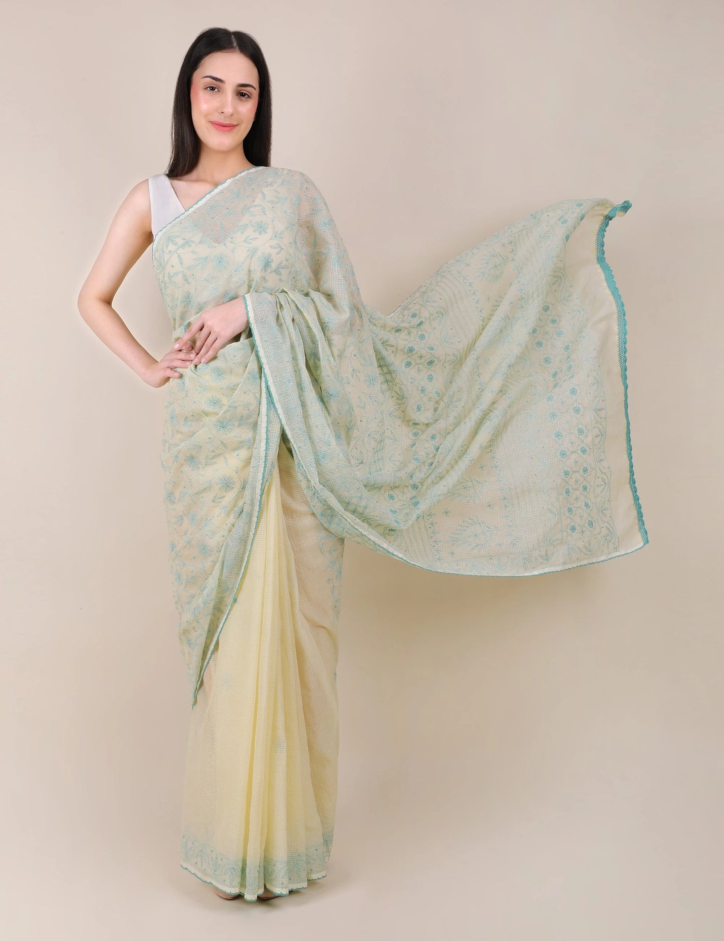Shwet Yellow Women Hand Embroidered Chikankari Saree
