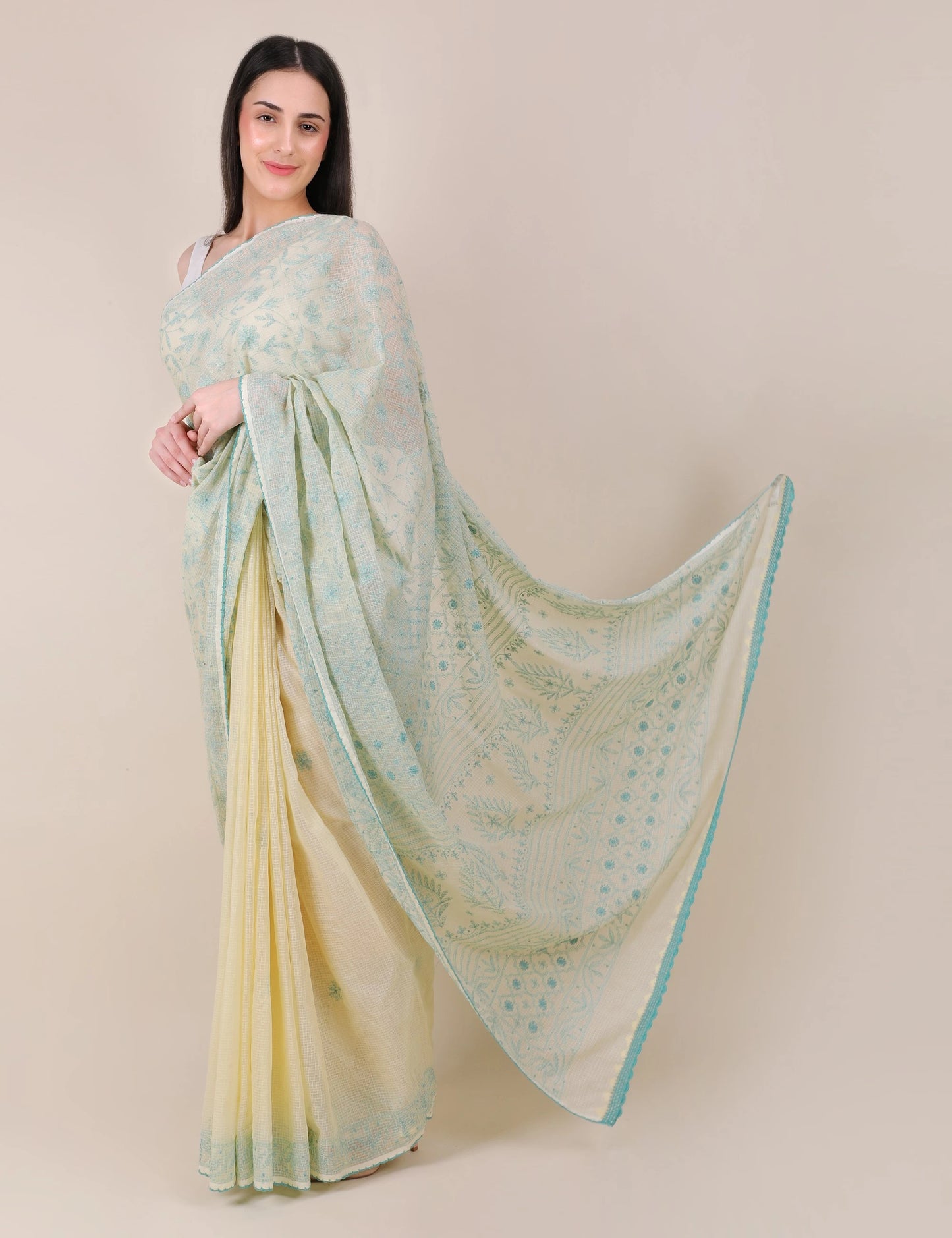 Shwet Yellow Women Hand Embroidered Chikankari Saree