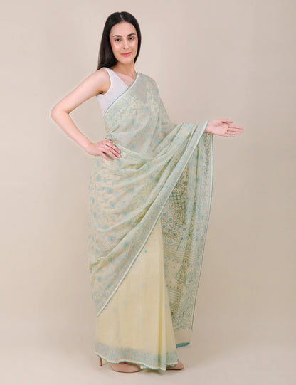 Shwet Yellow Women Hand Embroidered Chikankari Saree