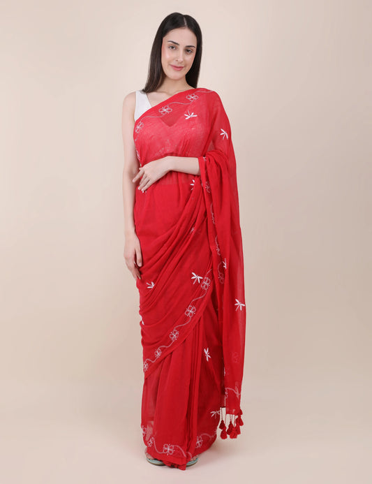 Shwet Women Red Hand Embroidered Chikankari mulmul saree