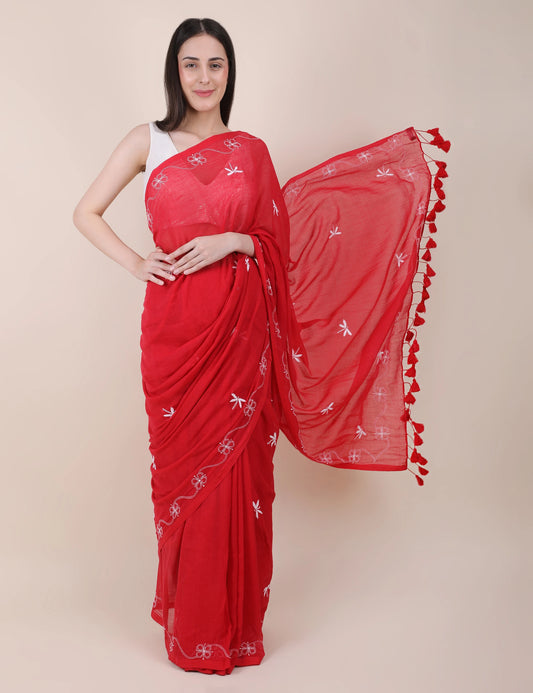 Shwet Women Red Hand Embroidered Chikankari mulmul saree