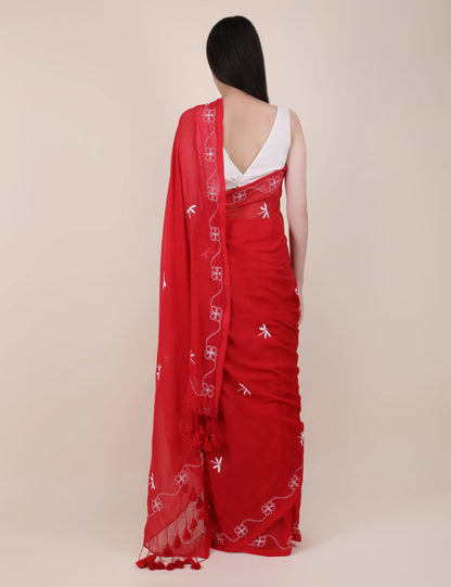 Shwet Women Red Hand Embroidered Chikankari mulmul saree