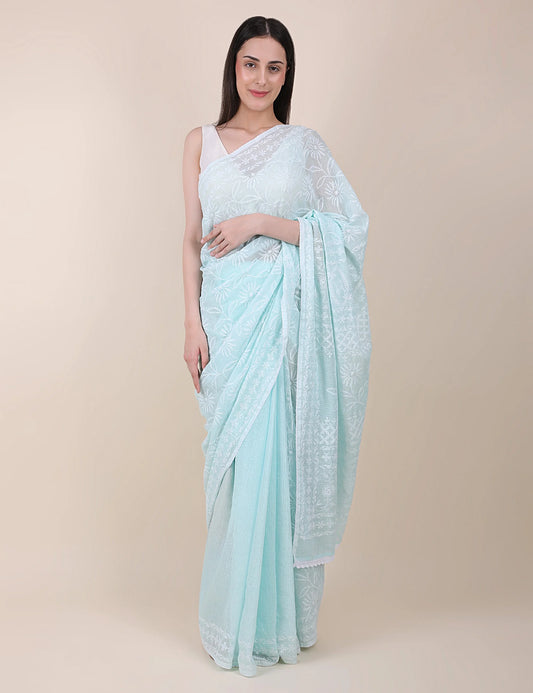 Women Sky Blue Hand Embroidered Kota Cotton Chikankari Saree