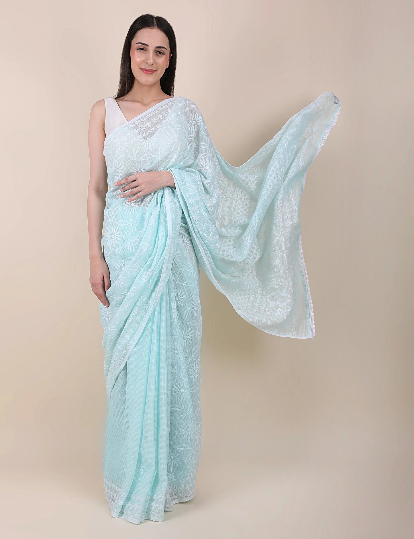 Women Sky Blue Hand Embroidered Kota Cotton Chikankari Saree