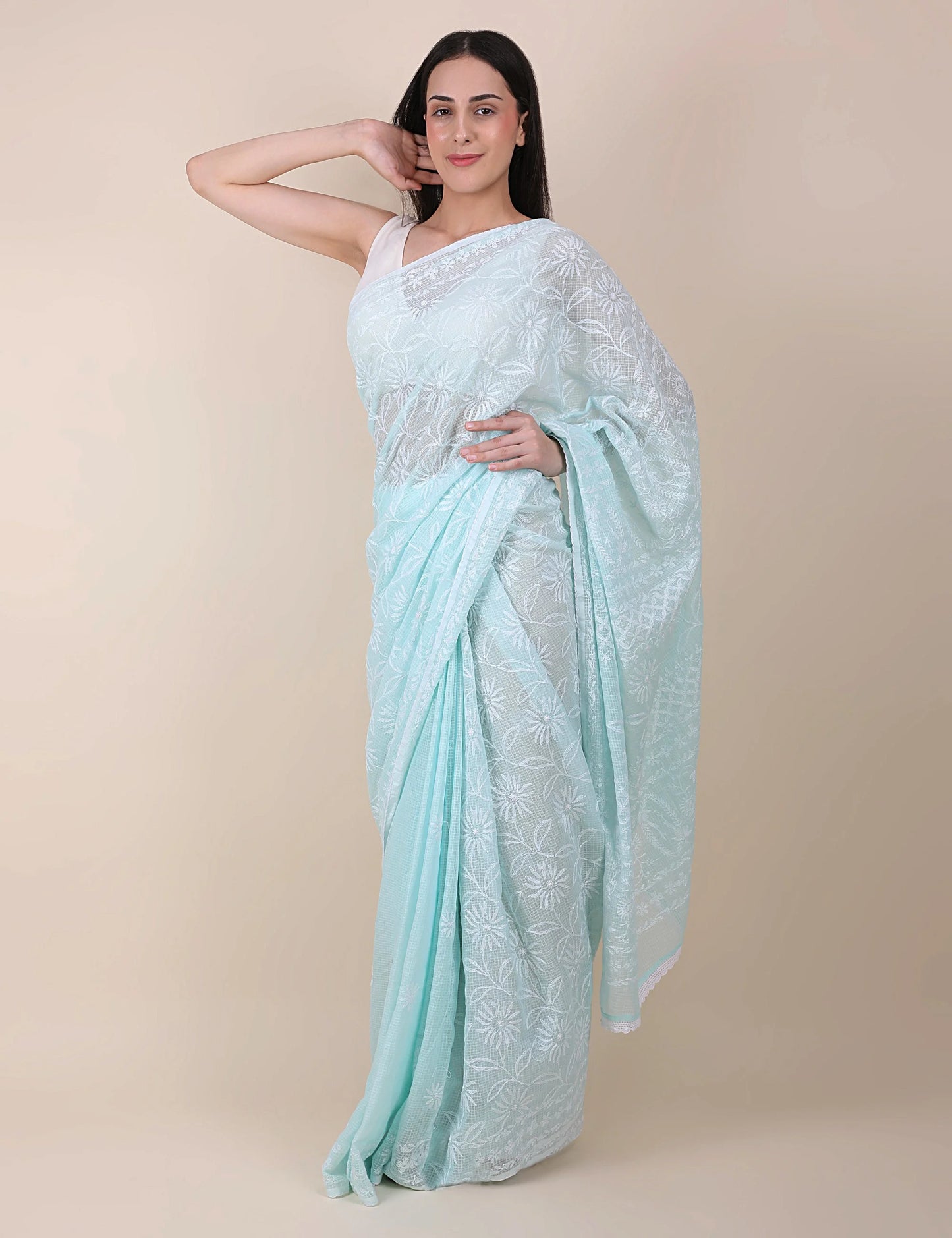 Women Sky Blue Hand Embroidered Kota Cotton Chikankari Saree