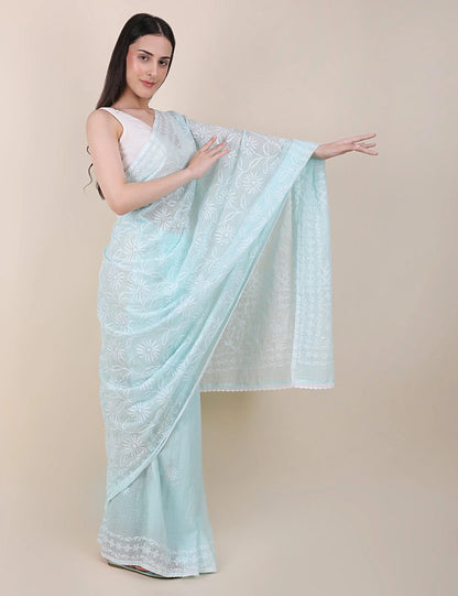 Women Sky Blue Hand Embroidered Kota Cotton Chikankari Saree