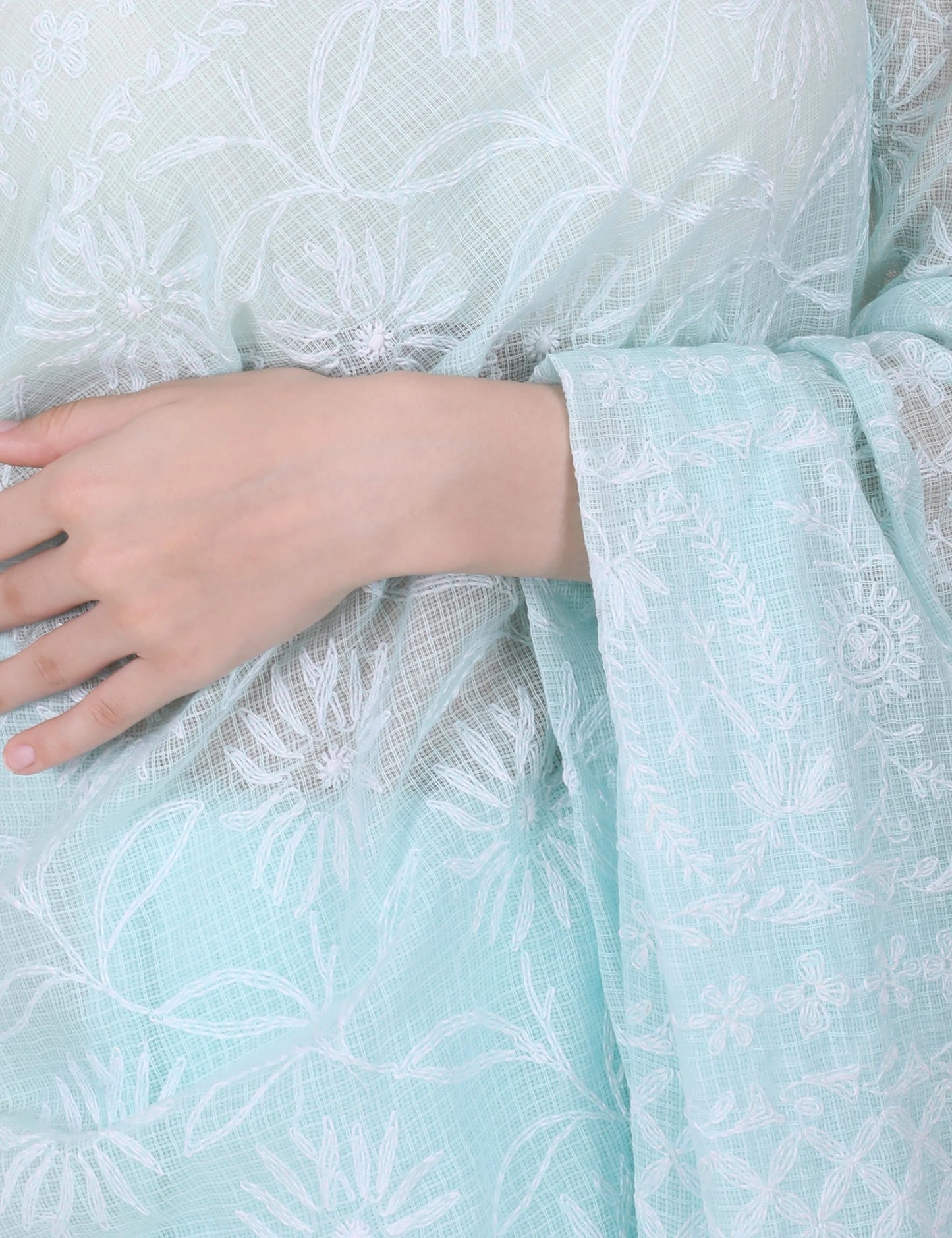 Women Sky Blue Hand Embroidered Kota Cotton Chikankari Saree