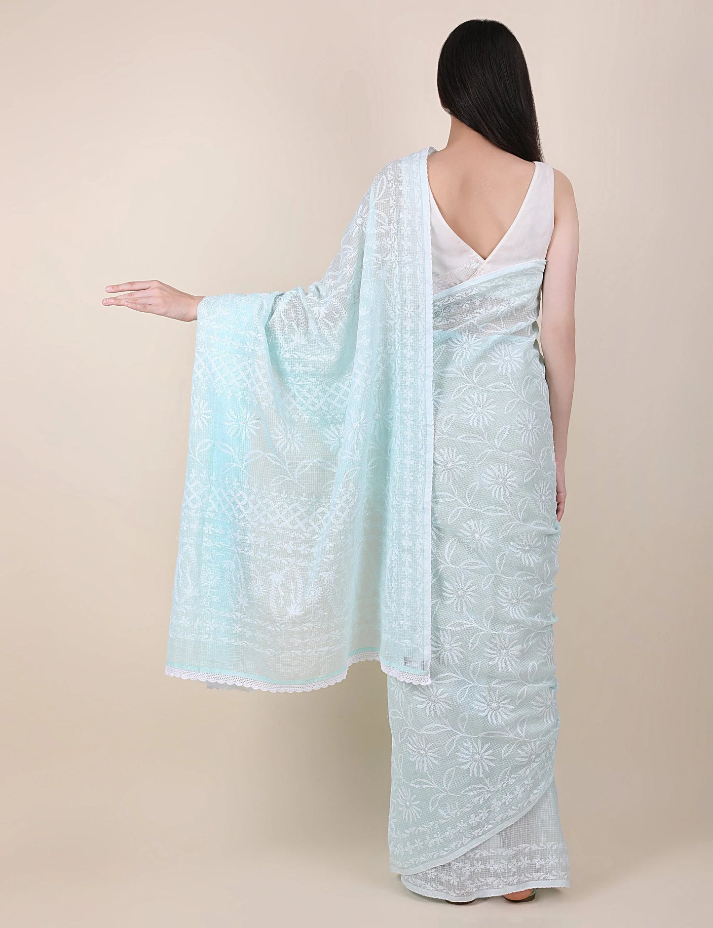 Women Sky Blue Hand Embroidered Kota Cotton Chikankari Saree