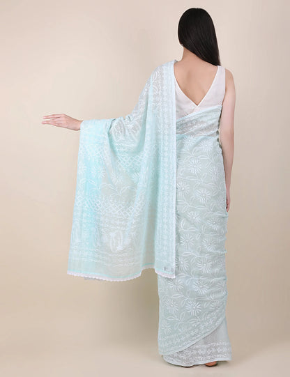 Women Sky Blue Hand Embroidered Kota Cotton Chikankari Saree