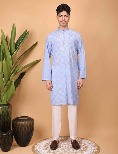 Shwet Men Cotton Light blue Chikankari Kurta