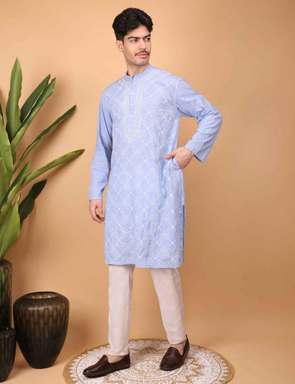 Shwet Men Cotton Light blue Chikankari Kurta