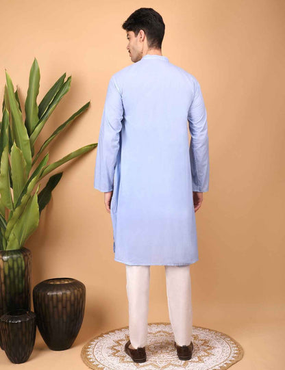 Shwet Men Cotton Light blue Chikankari Kurta
