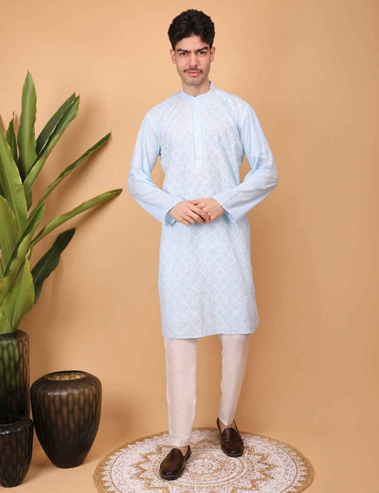 Shwet Men Cotton Sky blue Chikankari Kurta