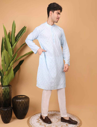 Shwet Men Cotton Sky blue Chikankari Kurta
