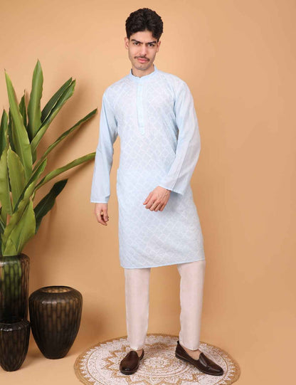 Shwet Men Cotton Sky blue Chikankari Kurta