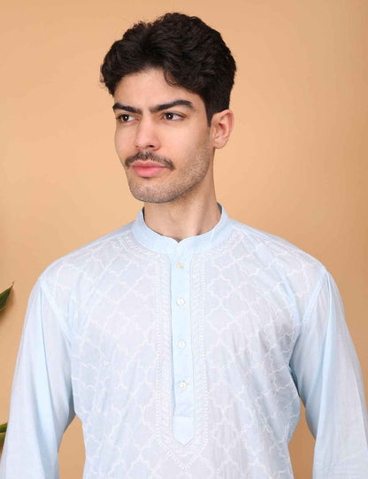 Shwet Men Cotton Sky blue Chikankari Kurta