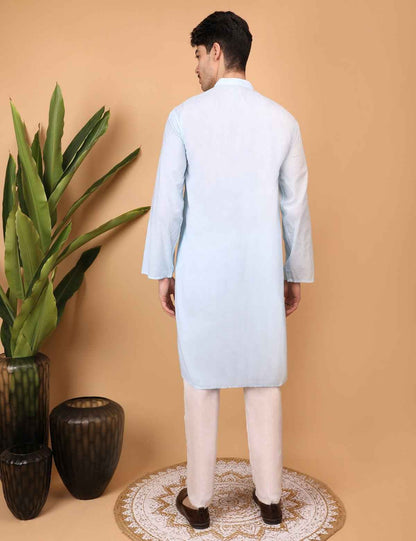 Shwet Men Cotton Sky blue Chikankari Kurta
