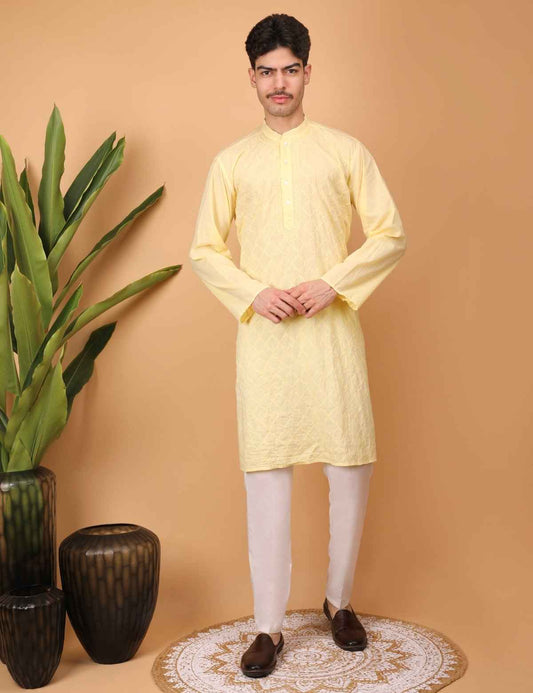 Shwet Men Cotton Yellow Chikankari Kurta