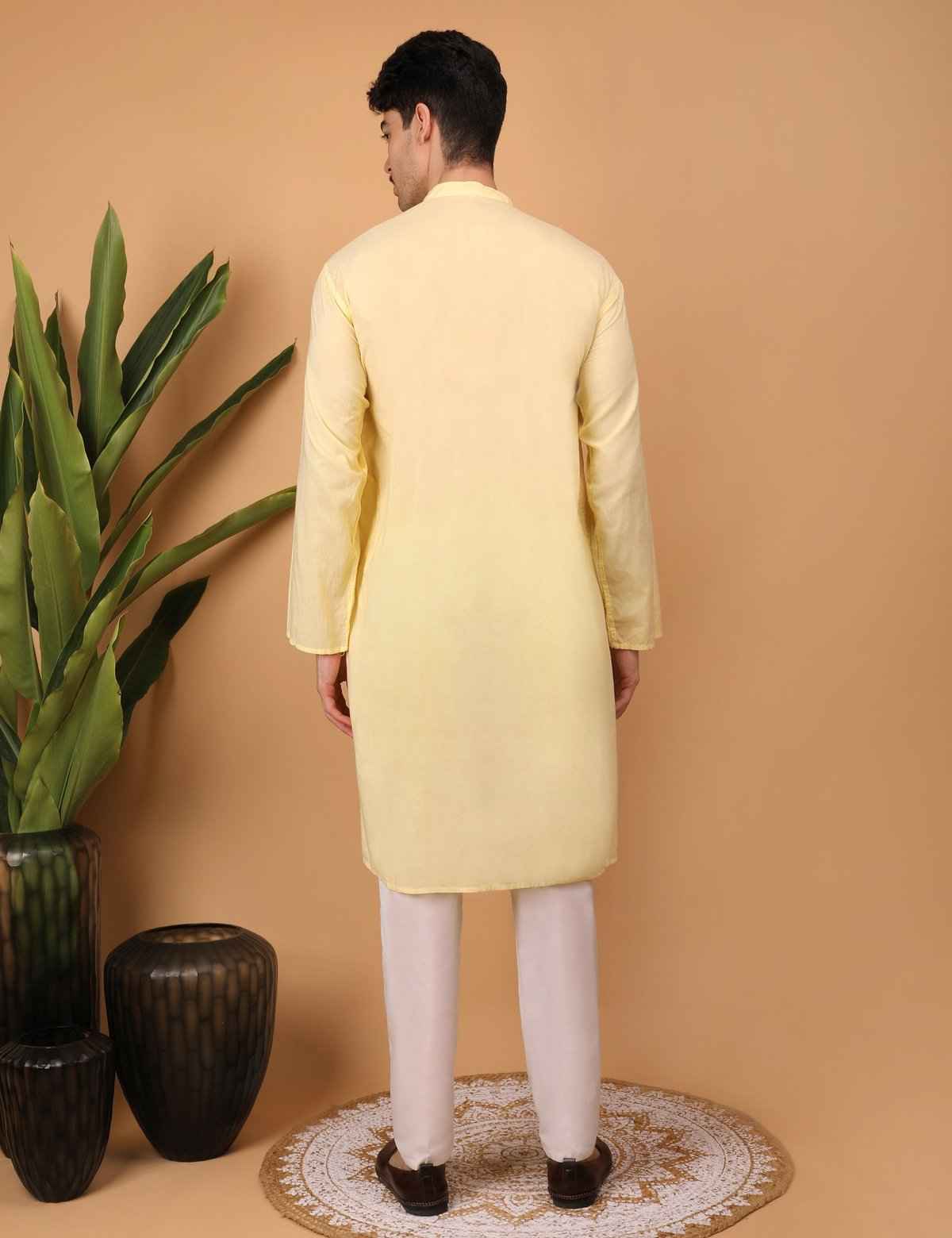 Shwet Men Cotton Yellow Chikankari Kurta