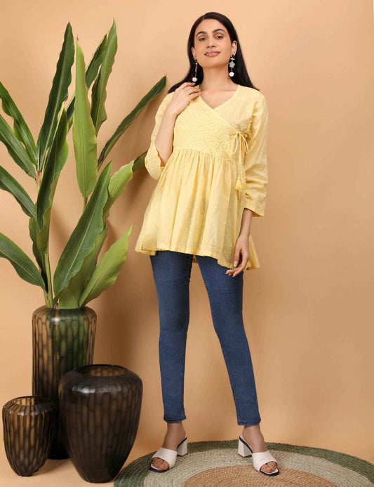 Shwet Women Yellow Chikankari Angarkha Top