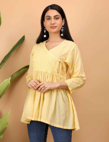 Shwet Women Yellow Chikankari Angarkha Top