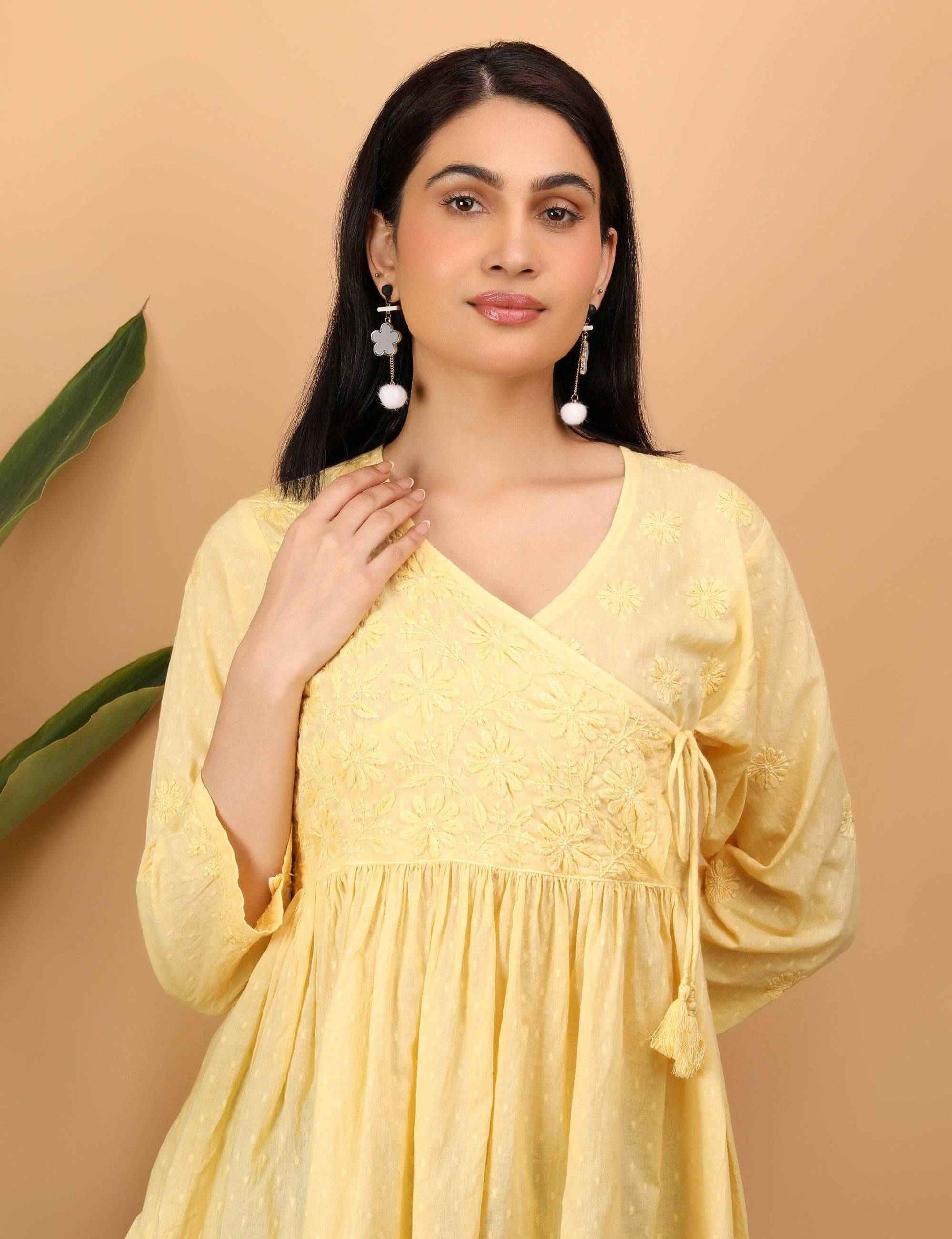Shwet Women Yellow Chikankari Angarkha Top
