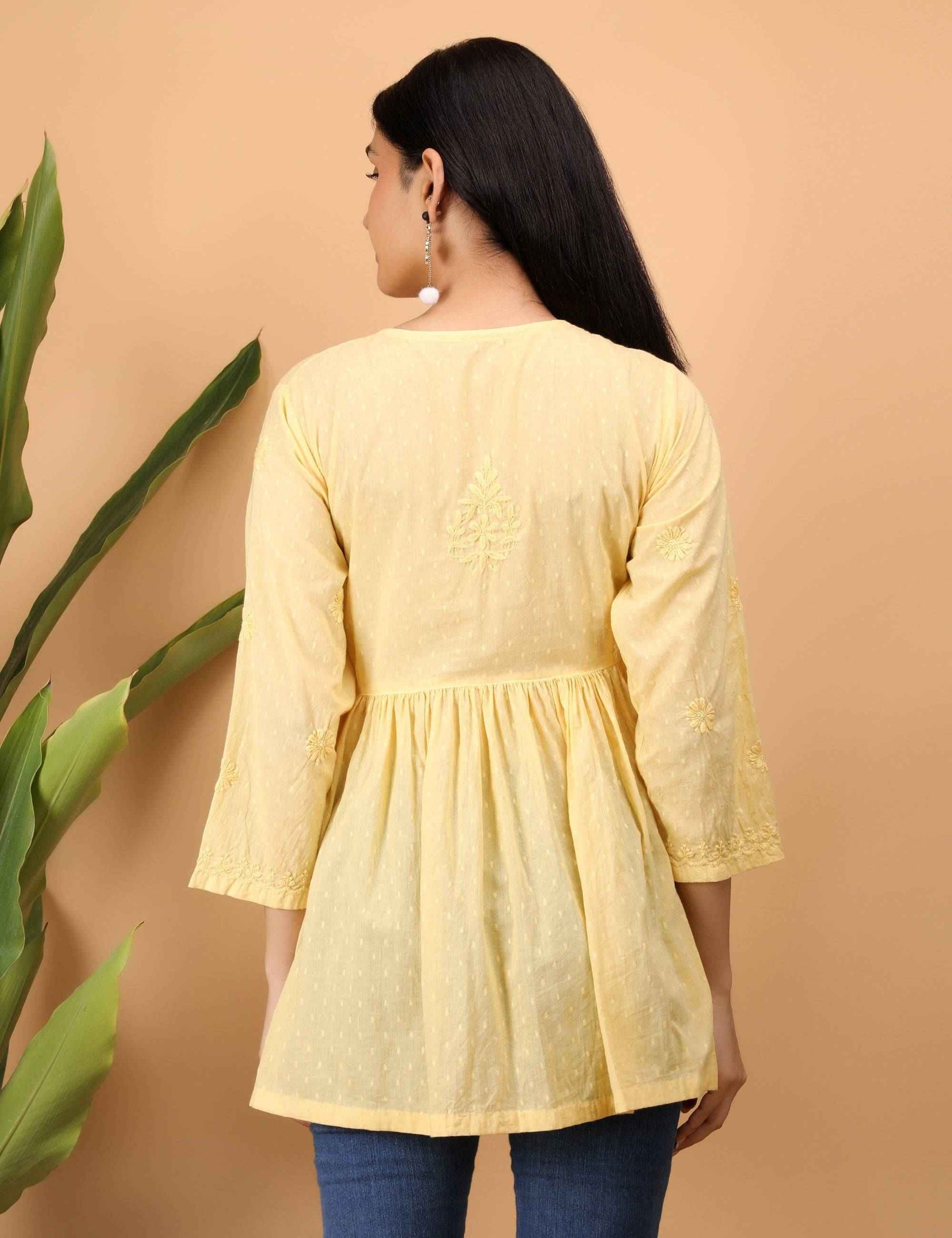 Shwet Women Yellow Chikankari Angarkha Top