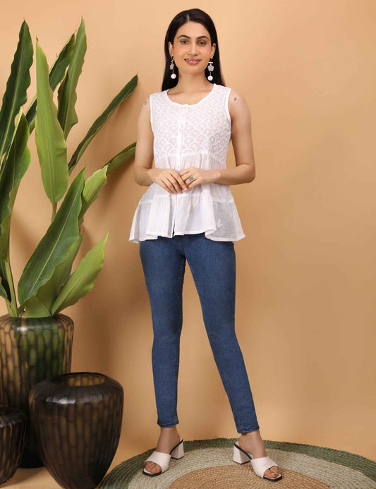 Shwet Women White Chikankari Sleevless Tier Top