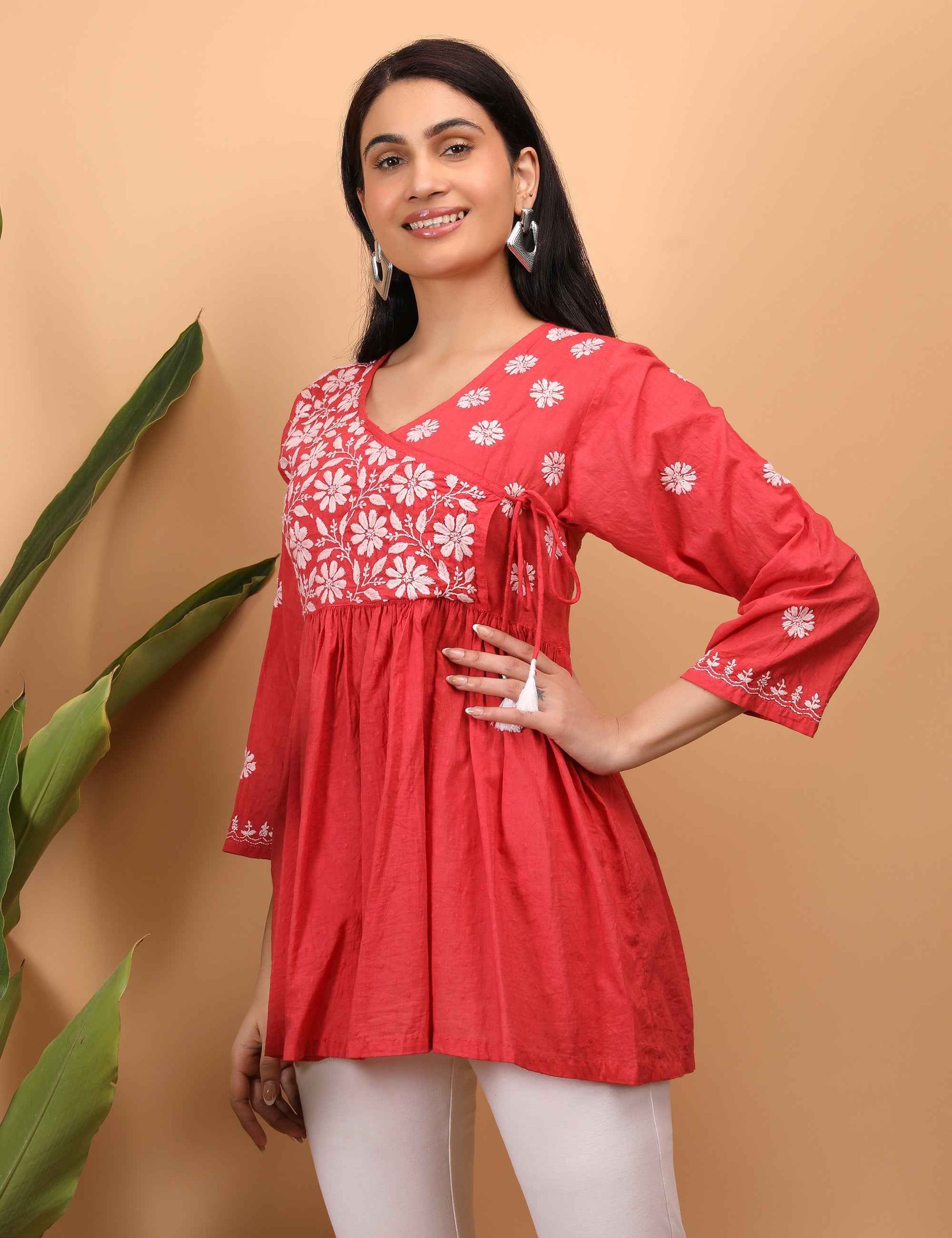 Shwet Women Red Chikankari Angarkha Top