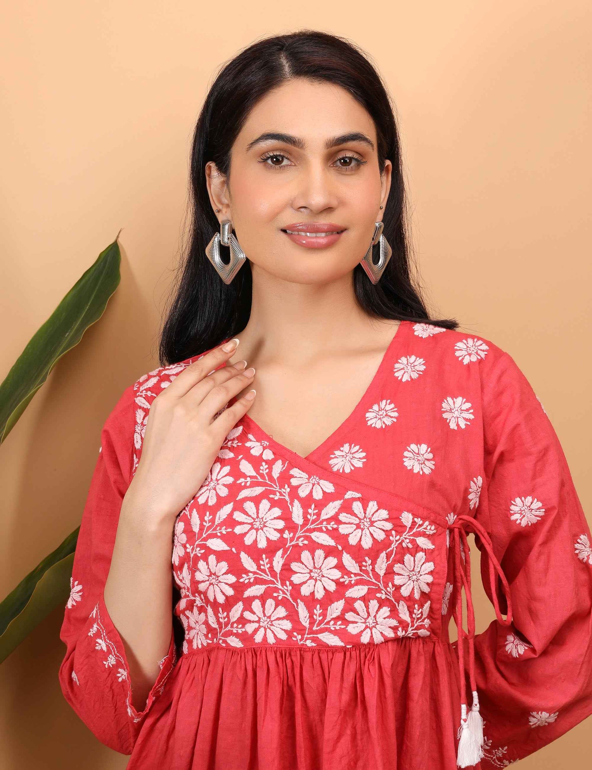 Shwet Women Red Chikankari Angarkha Top