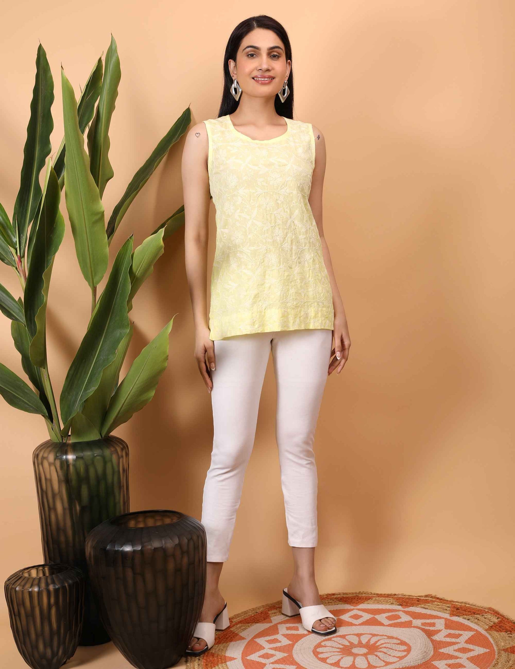 Shwet Women Yellow Chikankari Sleevless Top