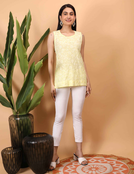 Shwet Women Yellow Chikankari Sleevless Top