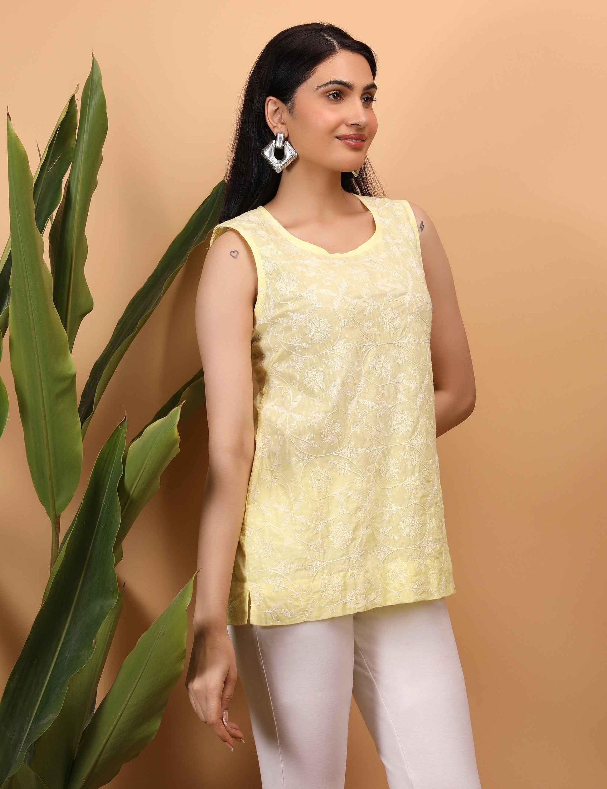 Shwet Women Yellow Chikankari Sleevless Top