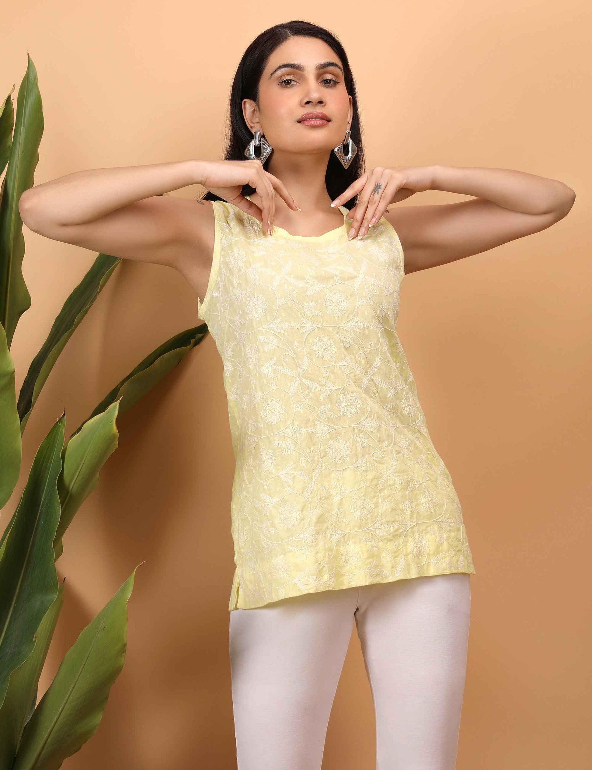 Shwet Women Yellow Chikankari Sleevless Top