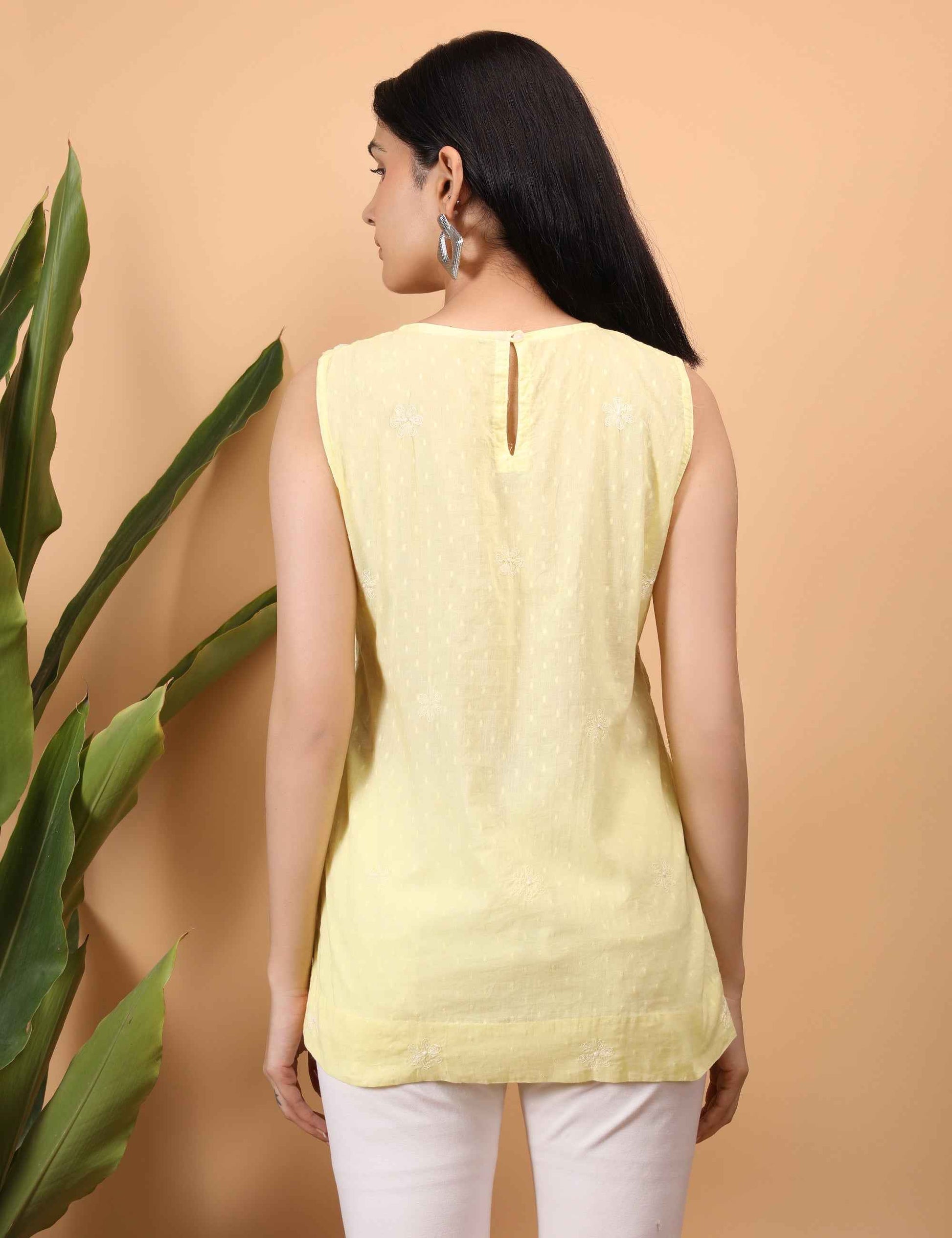 Shwet Women Yellow Chikankari Sleevless Top