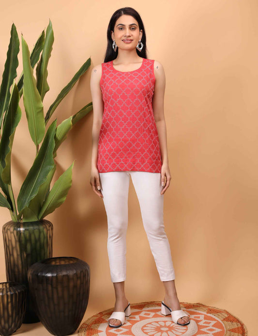 Shwet Women Red Chikankari Sleevless Top