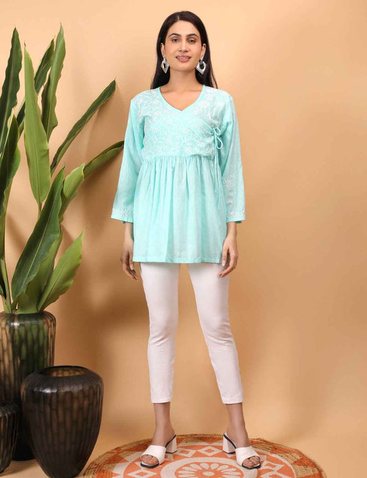 Shwet Sea Blue Women Chikankari Angarkha Top