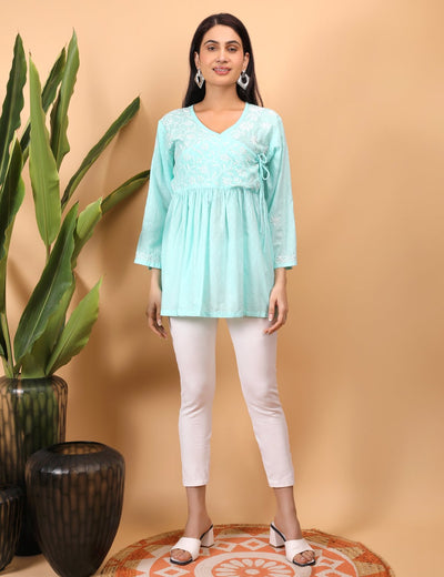 Shwet Sea Blue Women Chikankari Angarkha Top - Handcrafted Chikankari embroidery, front view. Premium quality fabric.