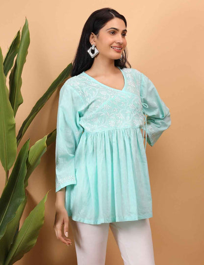 Shwet Sea Blue Women Chikankari Angarkha Top