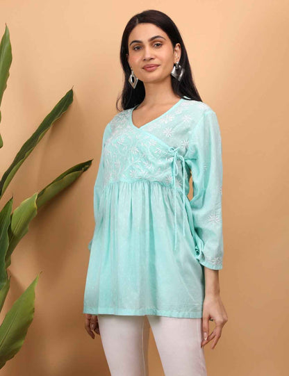 Shwet Sea Blue Women Chikankari Angarkha Top