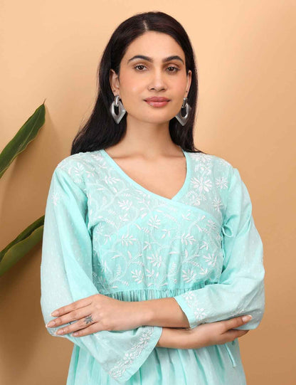 Shwet Sea Blue Women Chikankari Angarkha Top