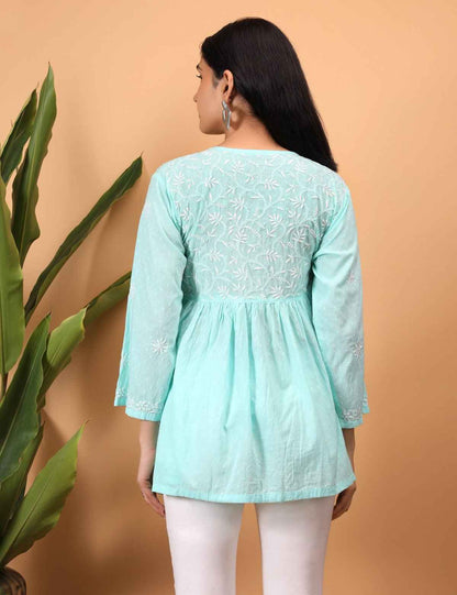 Shwet Sea Blue Women Chikankari Angarkha Top