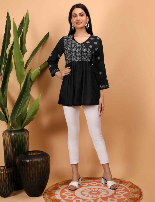 Shwet Women Black Chikankari Angarkha Top