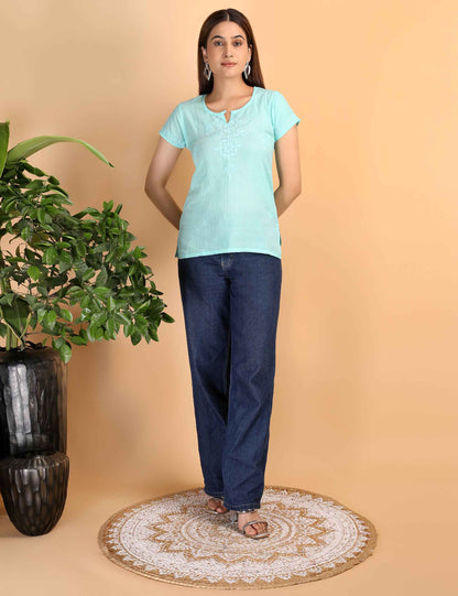 Shwet Women Sea Green Chikankari Cotton Short Top