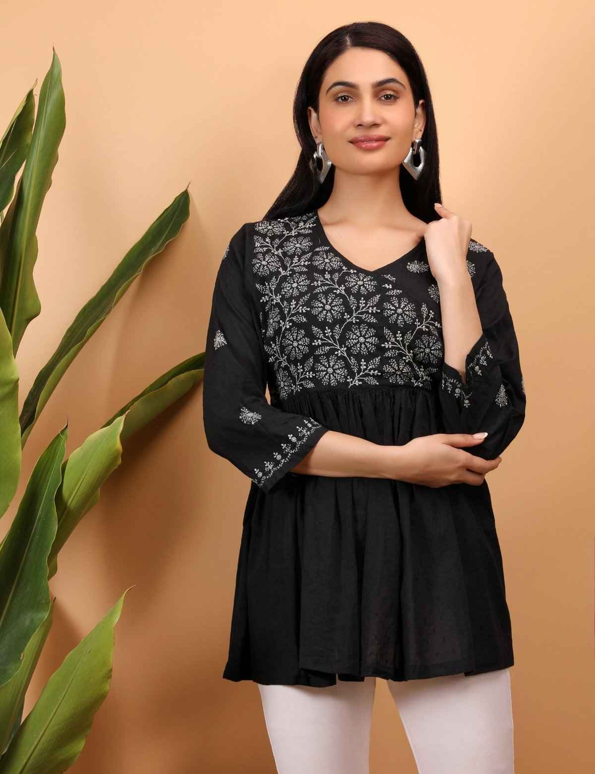 Shwet Women Black Chikankari Angarkha Top