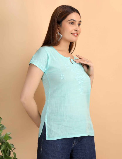 Shwet Women Sea Green Chikankari Cotton Short Top